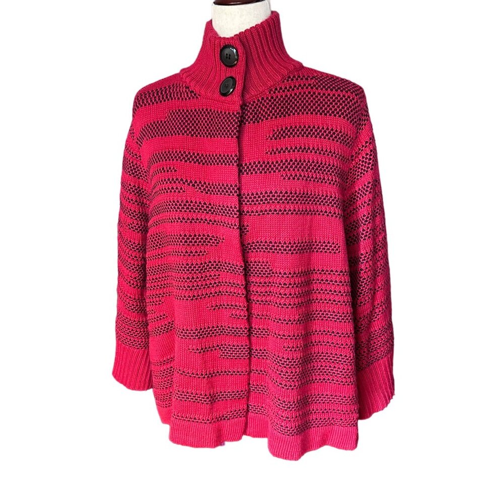 Chico's Cardigan Size 3 XL Red Black Kendra Sweater Wide Sleeve Wool Blend Mock